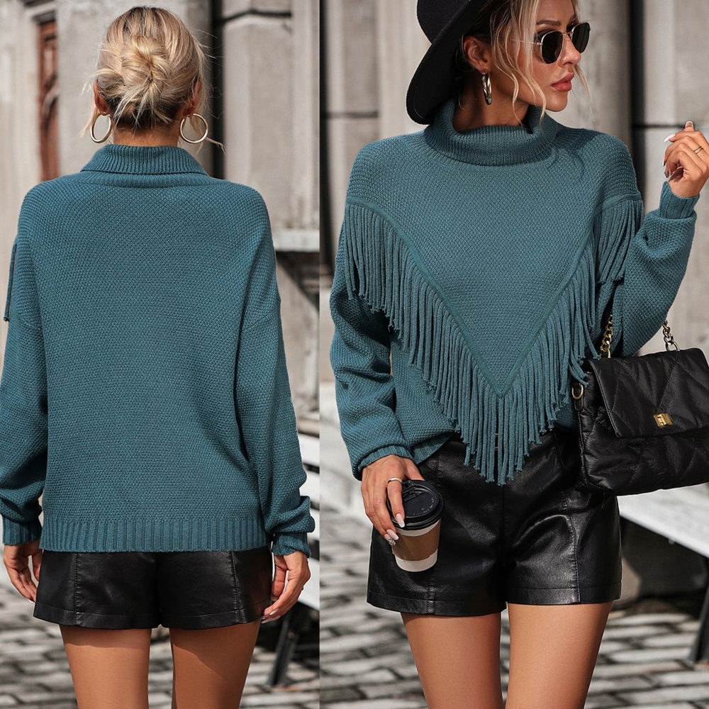 Esme Fringe Turtleneck Sweater - Teal - Picture 3 of 6